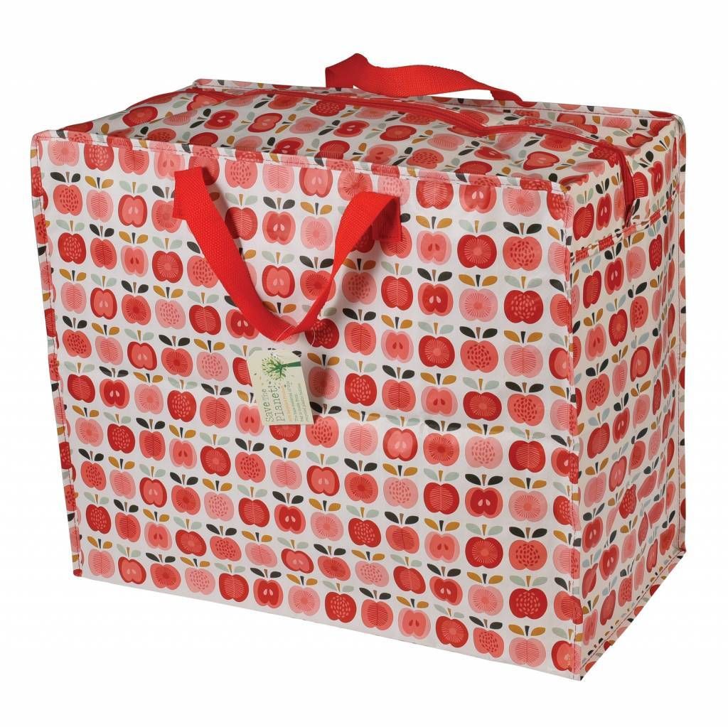 A large storage bag with a vintage apple pattern and red handles.