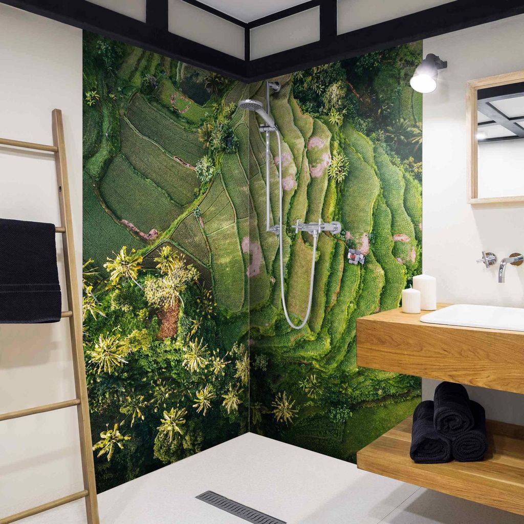 Duschrückwand Natur selbstklebend - 0.35 mm Wandpaneel wasserfest Palme grün Tropisch Badrückwand fugenlos Smart matt 90x200 cm