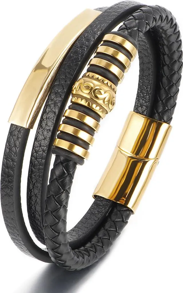 Bracelet Homme Cuir Noir et Or - Bijou de Poignet Chic en Acier 316L