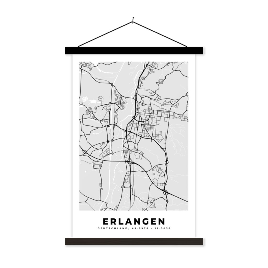 MuchoWow Textilposter Deutschland - Stadtplan - Erlangen - Karte 120x180 cm mit schwarzem Rahmen - Fotos