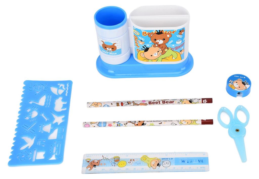 Drehbarer Stiftehalter mit 2 Fächern, Anspitzer und Schere für Schülerstifte, Stifteaufbewahrung, Geschenk, Blau