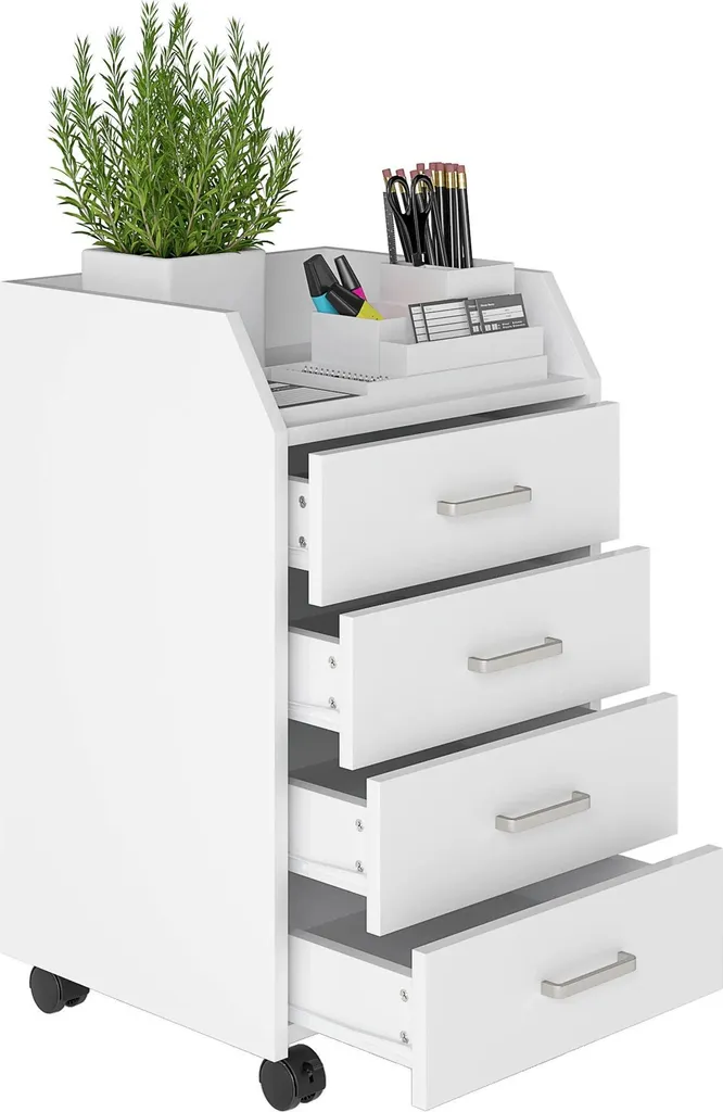 Petit meuble de bureau blanc 4 tiroirs 40x36x65 cm - Montage facile DIY