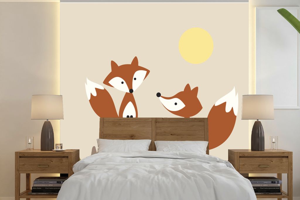 MuchoWow Fototapete für Wohnzimmer oder Schlafzimmer Wandtapete Vinyl Motivtapete Fuchs - Herbst - Baumstamm - 260x260 cm - Papiertapeten