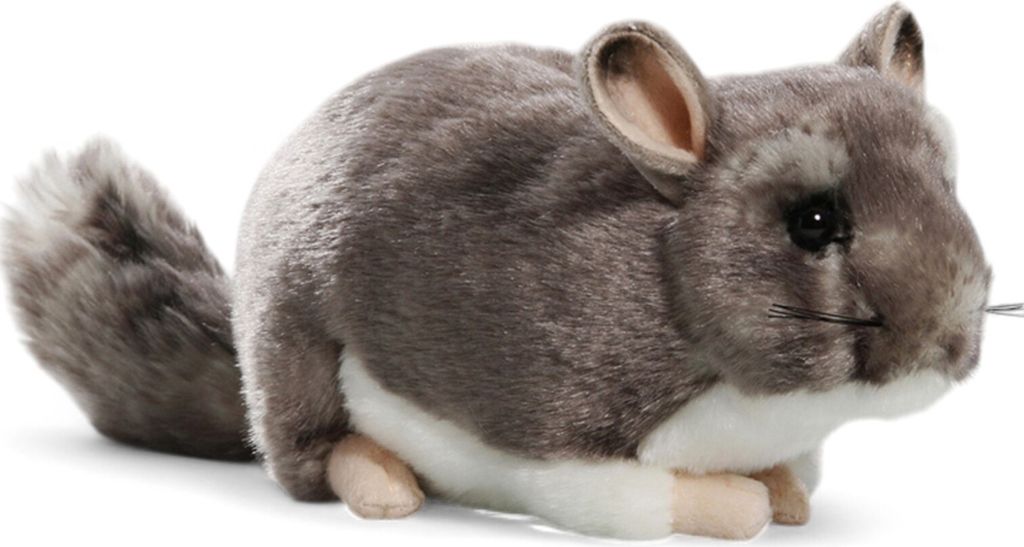 A plush toy chinchilla is shown from a side angle on a white background.