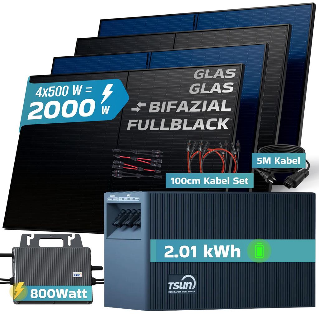 SUNNIVA 2000W Balkonkraftwerk mit 2,01 kWh Speicher TSUN TSOL-DCU2000Lite, 4x 500W BIFAZIAL FULLBLACK komplett Steckdose, Solaranlage + Solarspei...