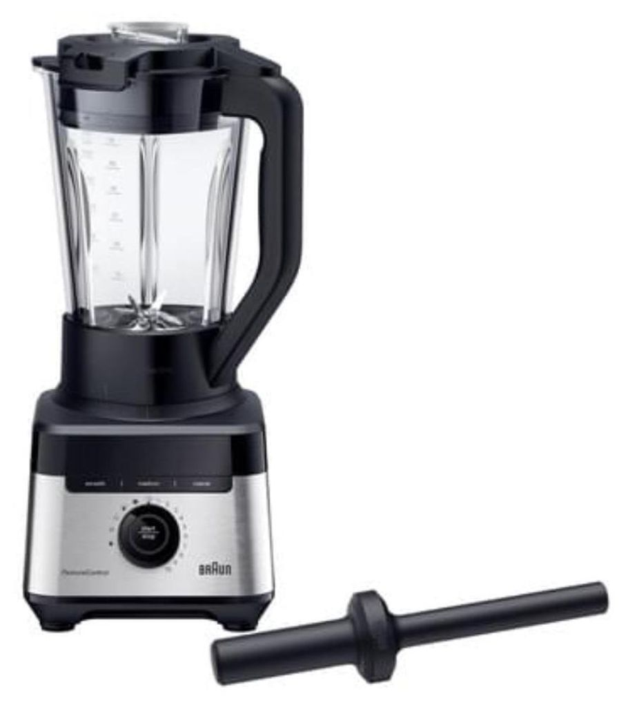 A studio shot of a blender and its accessory.
