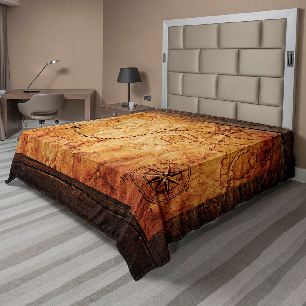ABAKUHAUS Insel-Karte Bettlaken, Datierte Alte Karte In Der Dichten Farbe Auf Holz Hid Out Ufer Kunst Design, weiches bequemes oberes Bettlaken fü...