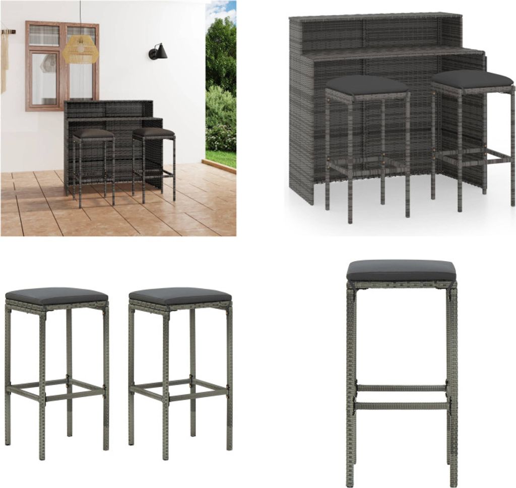 vidaXL 3 tlg. Gartenbar Set mit Kissen Grau - Garten-Bar Set - Garten- Bar-Sets - Gartentisch Und Stuhl - Gartentische Und Stühle