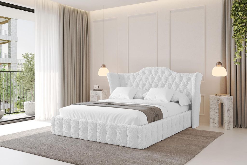 ALTDECOR Polsterbett mit Bettkasten - MODY - 140x200 Weiß - Bett mit Kopfteil und Fußteil, Boxbett ohne Matratze, Doppelbett mit Stauraum