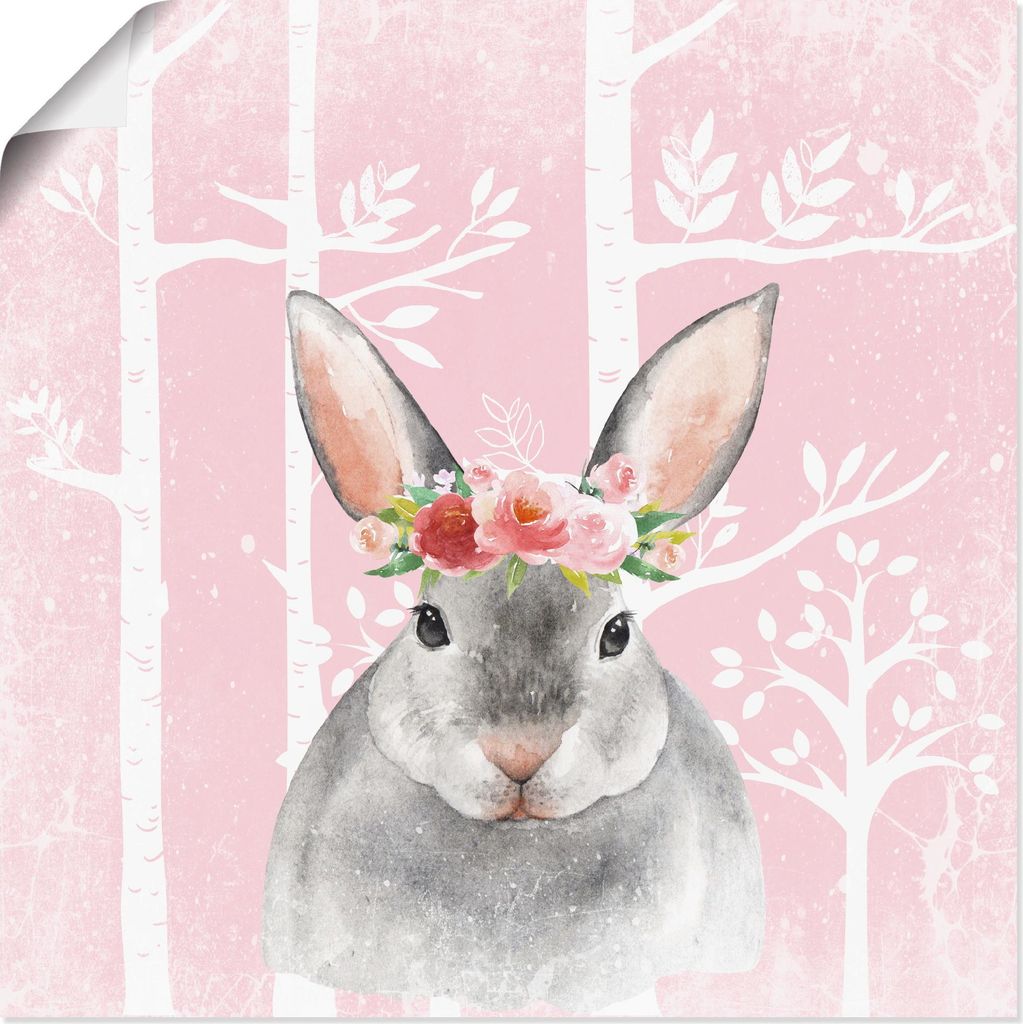 ARTland Poster Hase mit Blumen im pink Wald Größe: 30x30 cm