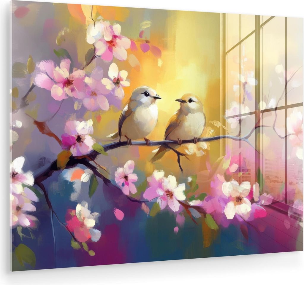 MuchoWow Glasbilder - Bilder auf Wandbild - Foto auf Glas Vögel - Blumen - Rosa 80x60 cm Wanddekoration aus Glas - Acrylglasbild - Acrylbilder - W...