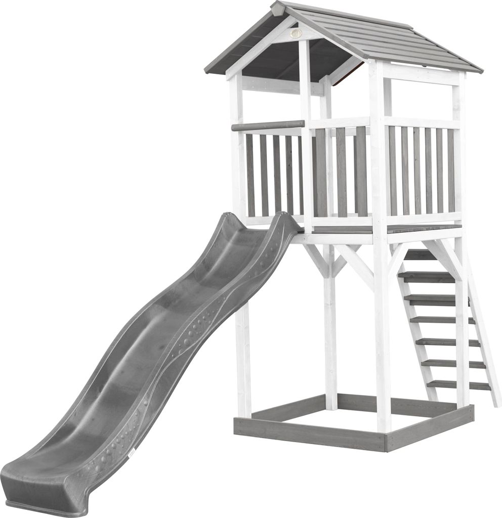 AXI Beach Tower Spielturm aus Holz in Weiß & Grau | Spielhaus für Kinder mit grauer Rutsche und Sandkasten | Stelzenhaus für den Garten