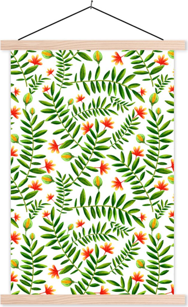 MuchoWow Textilposter Dschungel - Blumen - Blätter 40x60 cm mit holzfarbenen Rahmen - Poster