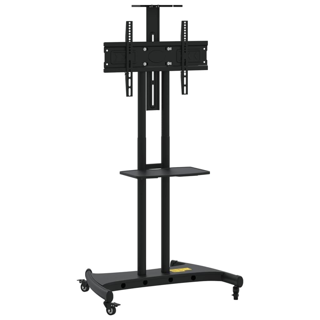 A black TV stand on wheels against a white background.