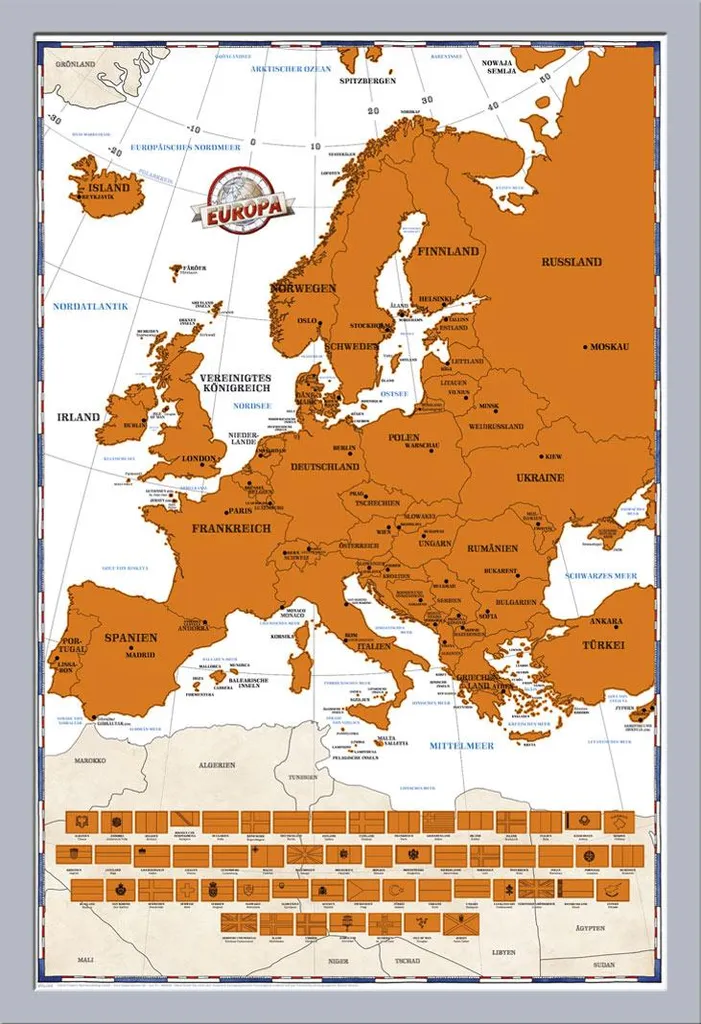Mappa Europa da Grattare con Cornice Argento Shinsuke Maxi MDF