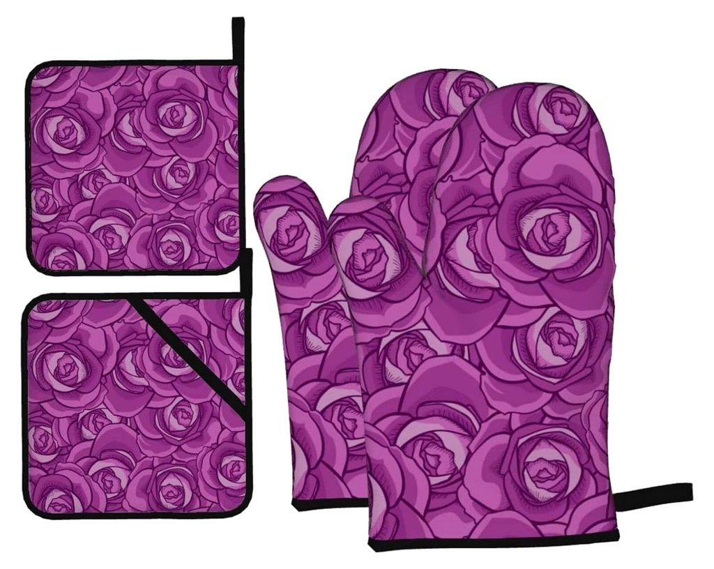 4-teiliges Set aus Ofenhandschuhen und Topflappen, rutschfest, waschbar, hitzebeständig, geeignet für Mikrowelle, Grillen und Backen