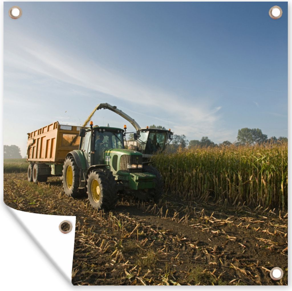MuchoWow 100x100 cm Outdoor-Poster Gartendeko Sichtschutz Garten Poster für den Garten Traktor - Anhänger - Mais - Grün - Landleben