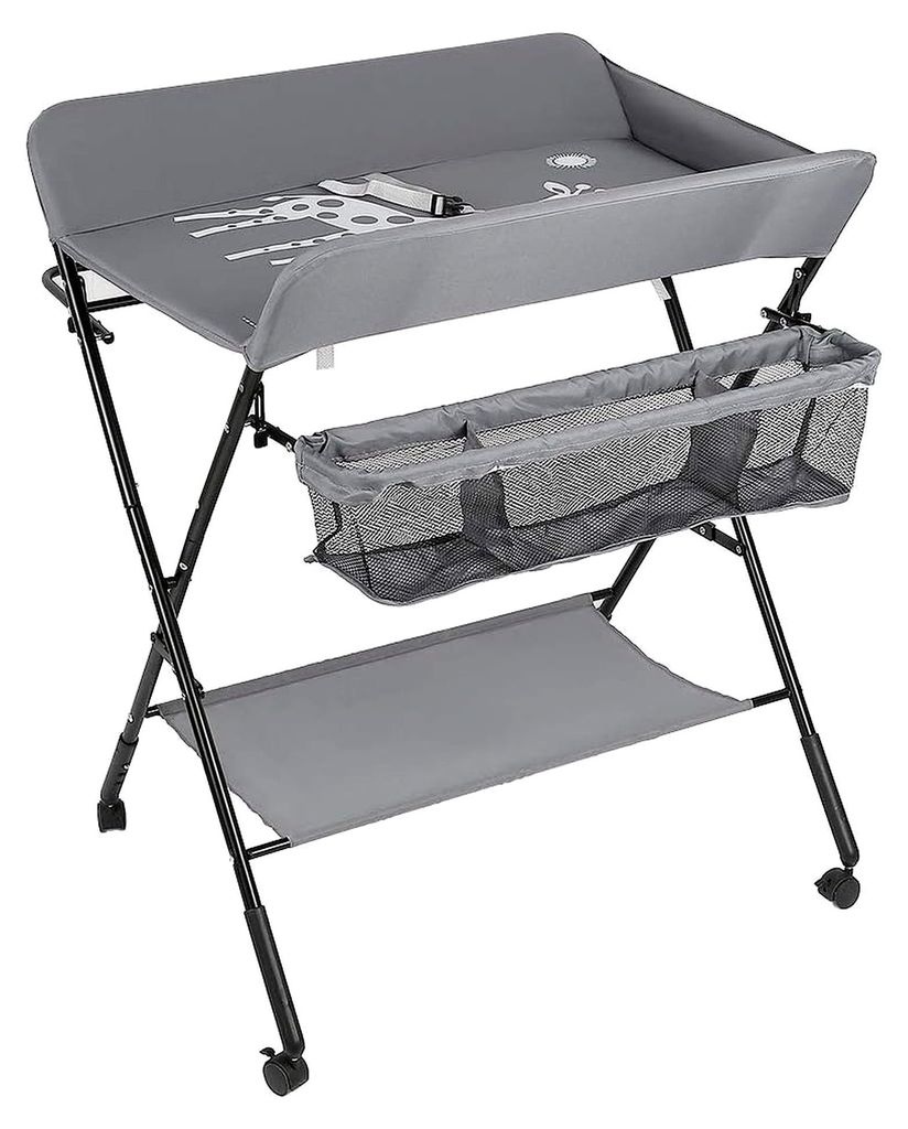 Wickeltisch, faltbar, Wickeltisch und tragbar, mobiler Wickeltisch mit 4 Rädern und Geschirr, 80 x 65 x 99 cm, Grau