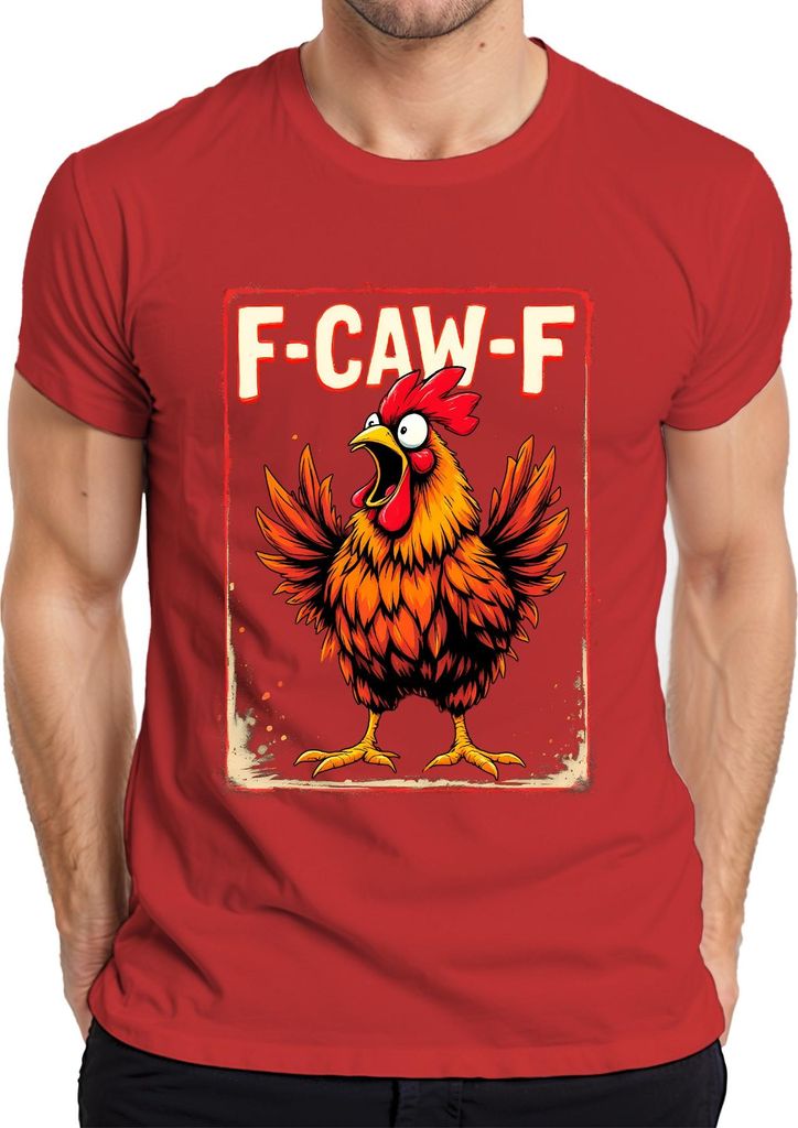 F-CAW-F lustiger Hahn Cartoon Bauernhof Spruch Sarkasmus Vintage Herren T-Shirt, Rot, 3XL