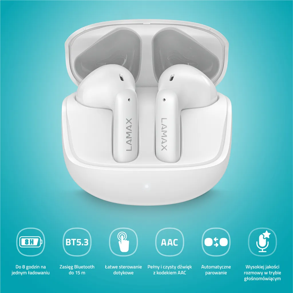 Écouteurs Bluetooth True Wireless LAMAX Tones1 blancs haute fidélité - 5