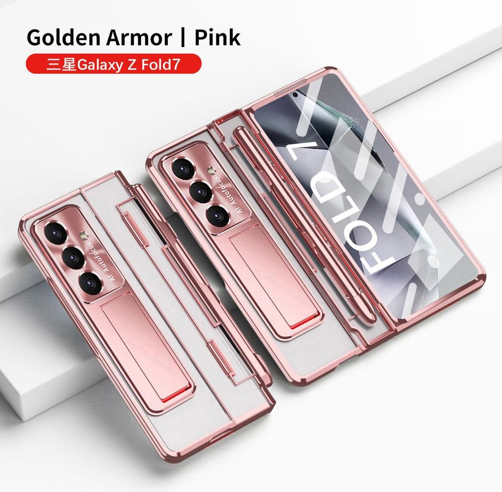 Handyhülle für Samsung Galaxy Z Fold 7 mit Pen und Stift Halter, Displayschutz Transparent Galvanisierte Ständer Schutzhülle Pink
