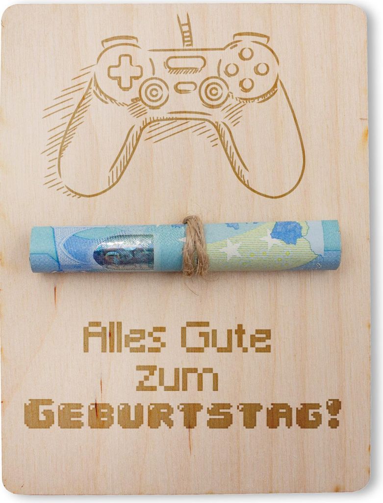Verpackung für Geldgeschenk Gutschein Holz Tafel 12x9cm mit Schnur 07 Geburtstag