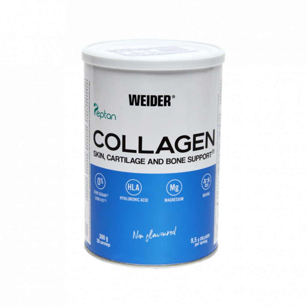 A white cylindrical container of Weider Collagen powder.