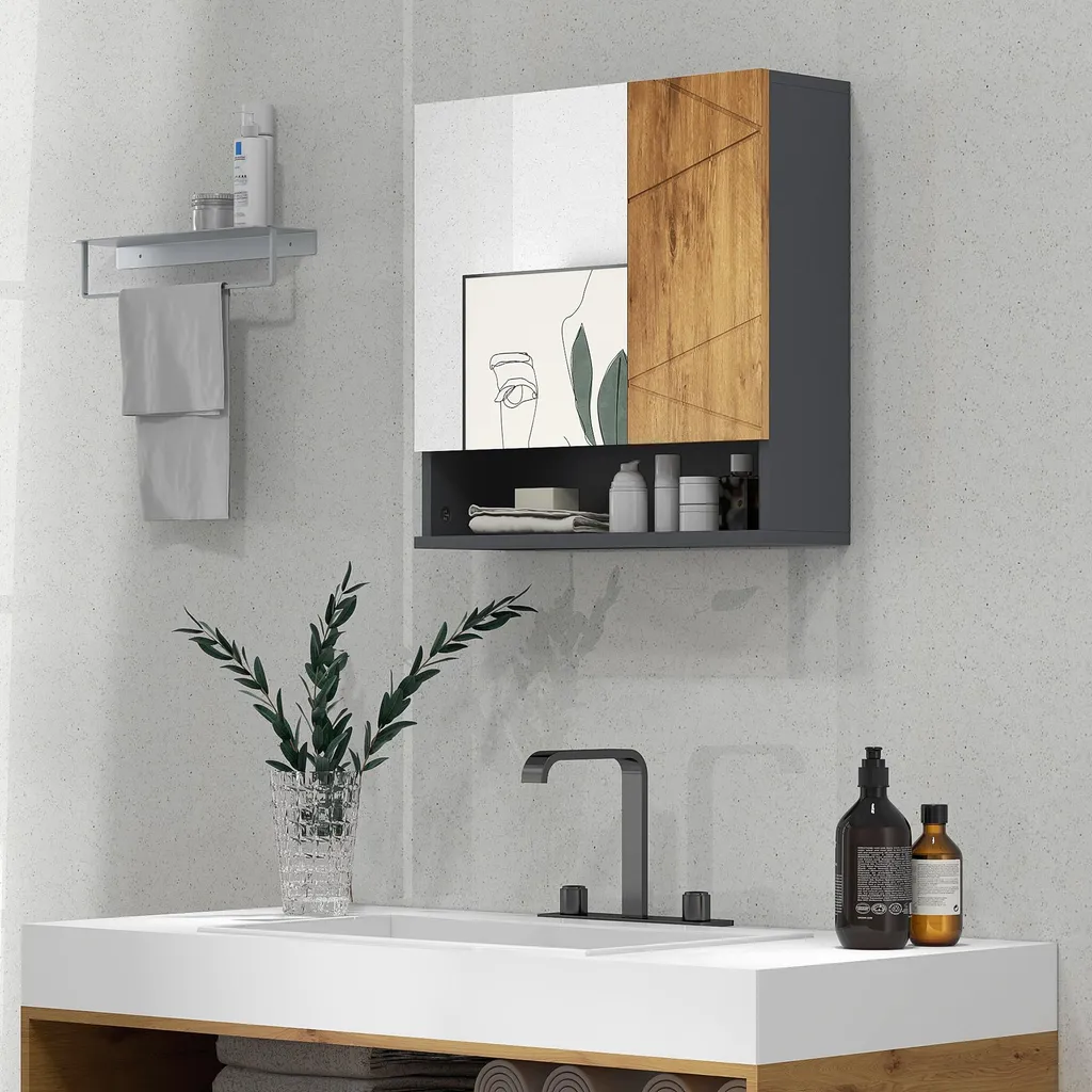 Armoire murale miroir de salle de bain 2 portes 55 cm gris et bois