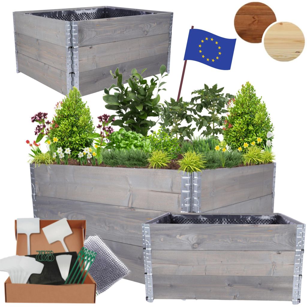 MODO24 Hochbeet Holz, Noppenfolie, Pflanzrahmen, Kräuterbeet, Gemüsebeet, Massivholz Kiefer, 60x120x100 cm, Grau, ZP10