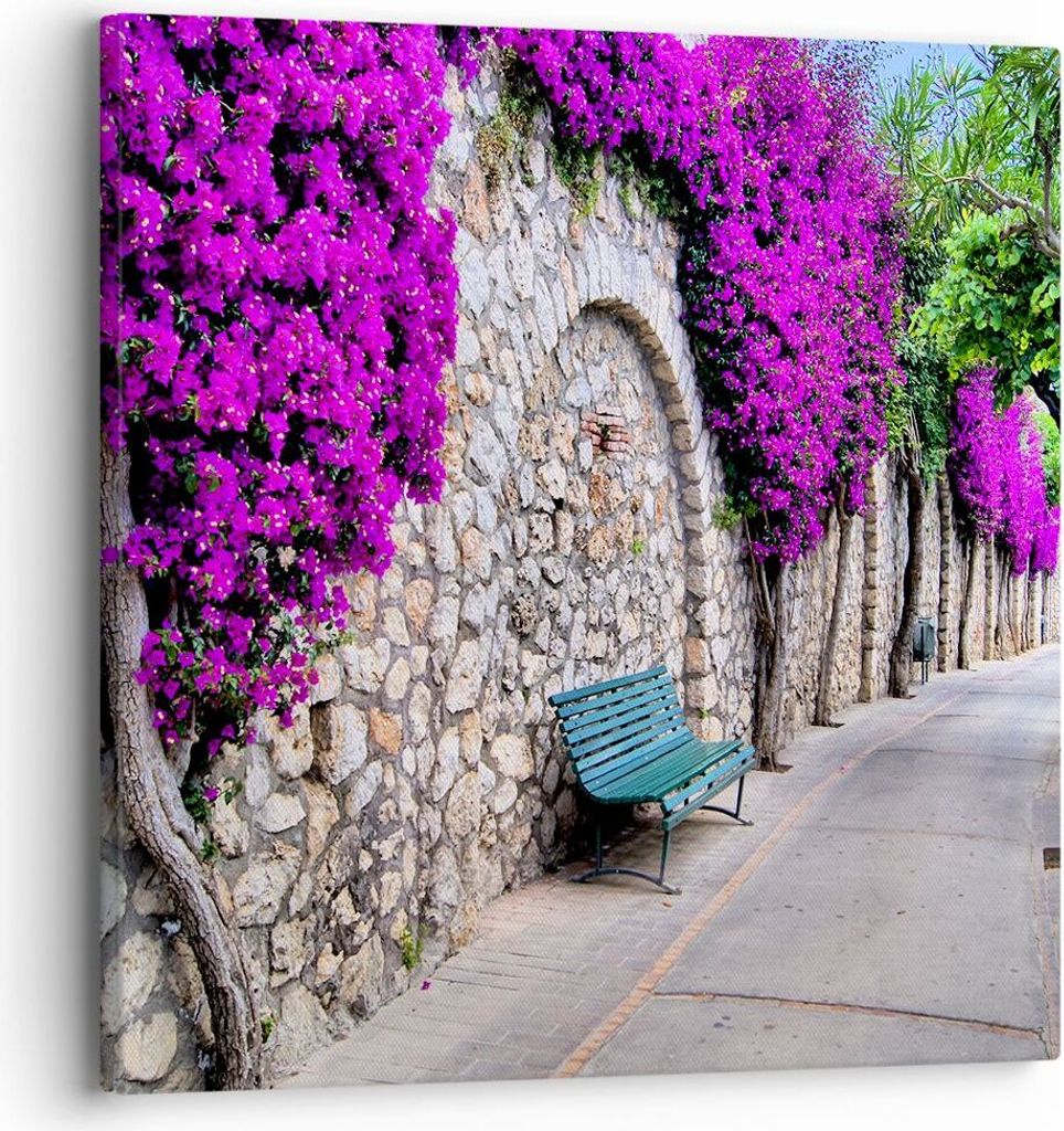 Bild auf Leinwand - Leinwandbild - Pflanzen Bank Straße Sommer - 30x30cm - Wand Bild - Wanddeko - Leinwanddruck - Bilder - Kunstdruck - Wanddekora...