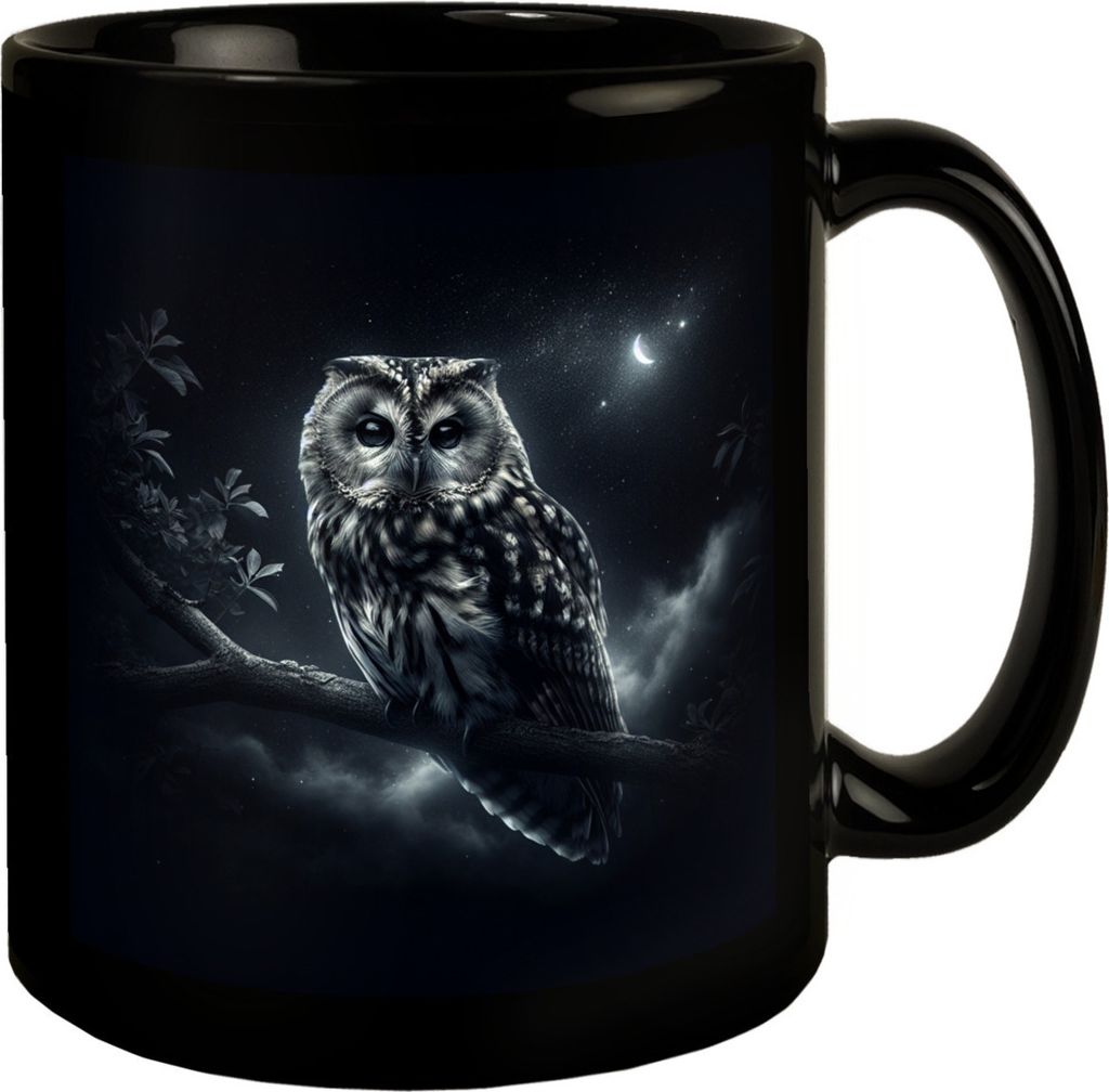 Eule auf einem Ast Tasse schwarz in Schwarz