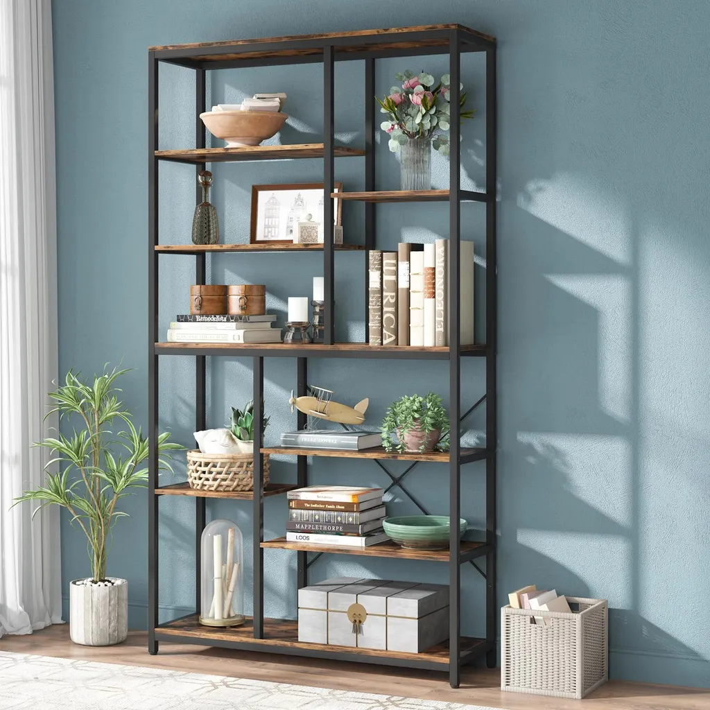 Bibliothèque haute 9 niveaux avec structure métallique Marron Rustique