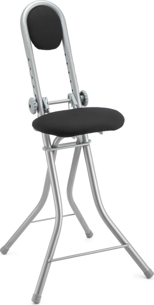 A studio shot of a black and silver folding stool with a backrest.