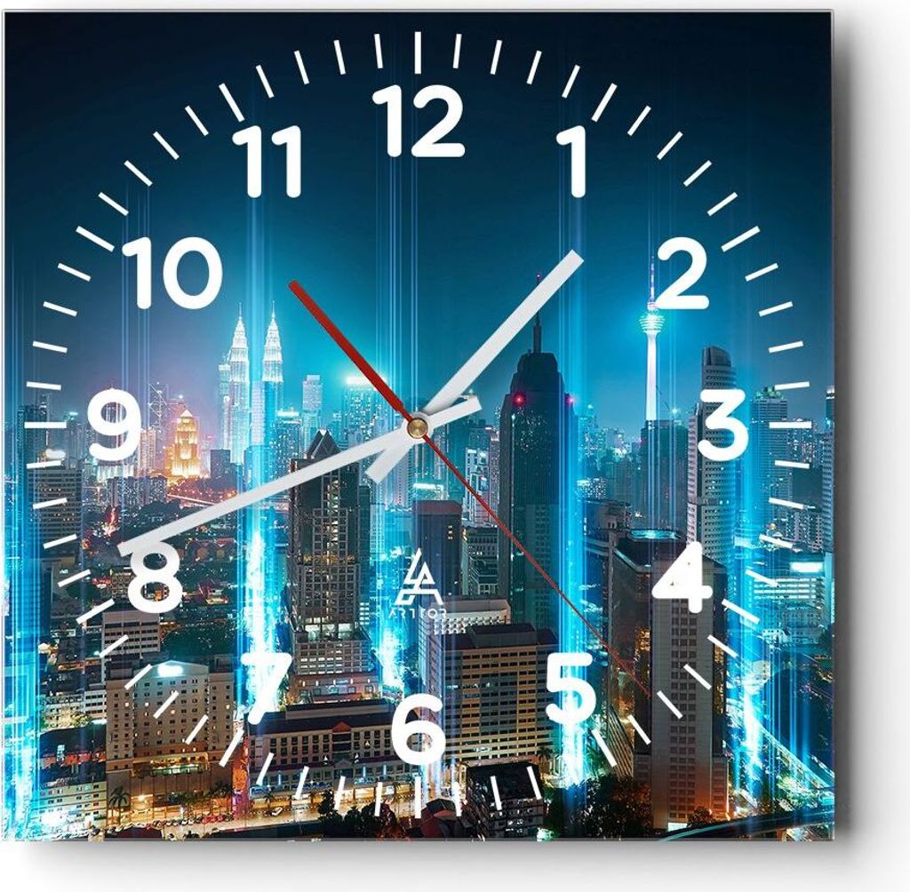 Wanduhr - Quadrat - Glasuhr - Stadt Nacht Straße - 30x30cm - Schleichendes Uhrwerk - Lautlos - zum Aufhängen bereit - Dekoration Modern - Wanddek...
