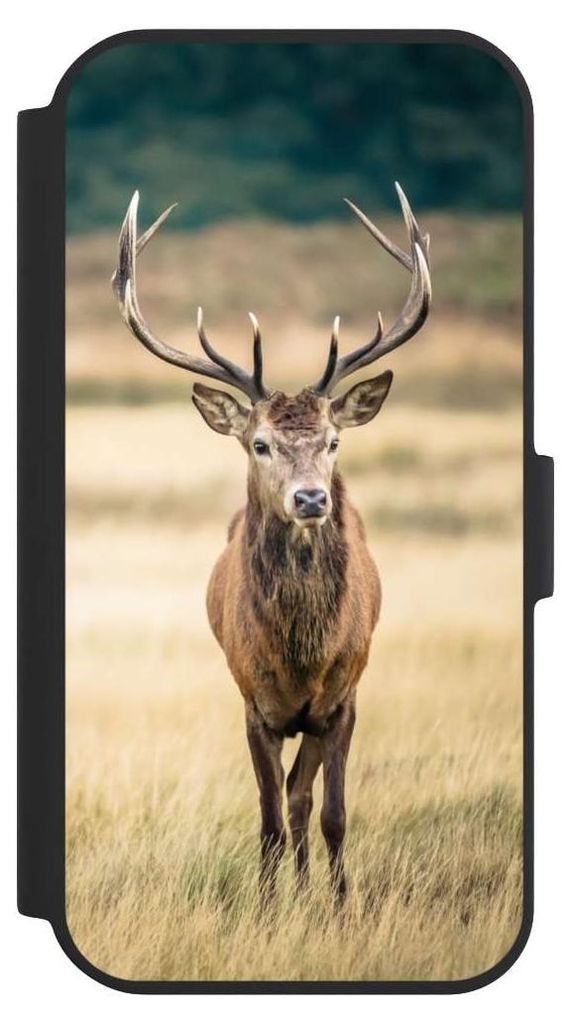 NIVOCASE Klapphülle für Apple iPhone 15 Handyhülle aus Kunst Leder NIVOflip schwarz Hirsch Wald Wiese