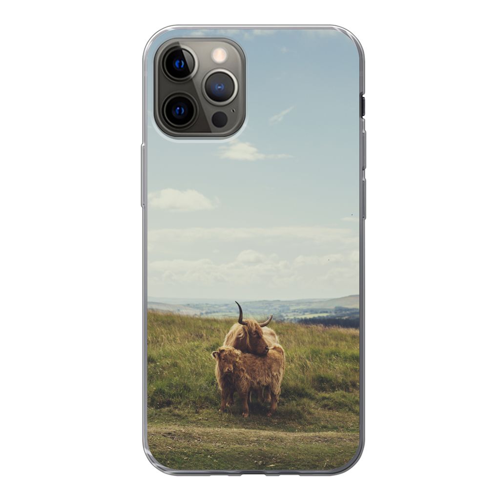 MuchoWow Handyhülle Schutzhülle Hülle für iPhone 13 Pro Schottische Highlander - Gras - Wolken - Tiere Silikon Softcase Handy Hülle - Handy-...