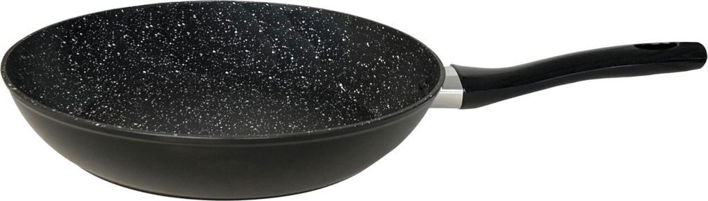 A frying pan with a speckled interior and a black handle, shown against a white background.