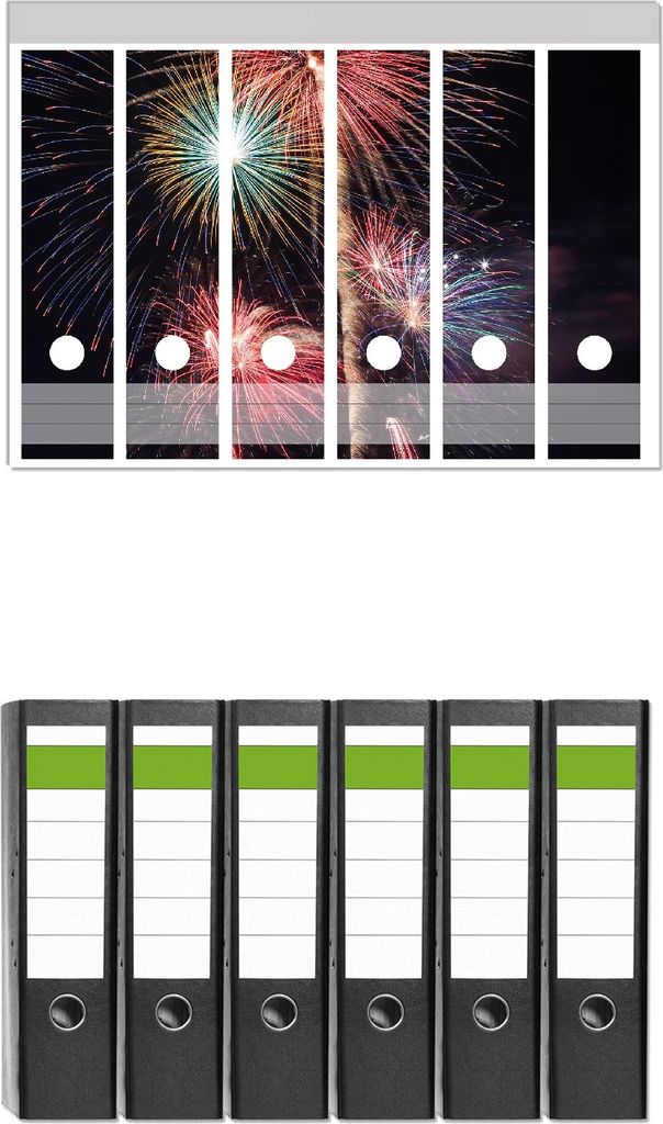 Wallario 6 Stück breite Ordner inkl. Klebeetiketten mit Motive Feuerwerk bei Nacht - Set mit Rückenschildern / Ordnerrücken Stickern