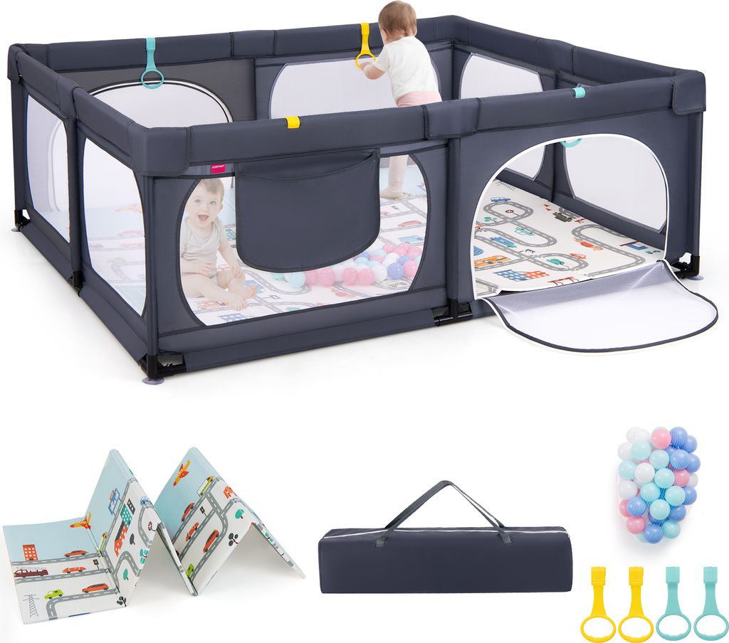 GOPLUS 189x158 cm Laufstall Baby, Laufgitter mit atmungsaktiver Netz, 4 Reißverschlusstür, Tragetasche, 50 Bällen, 4 Haltegriffen, Schutzgitter ...