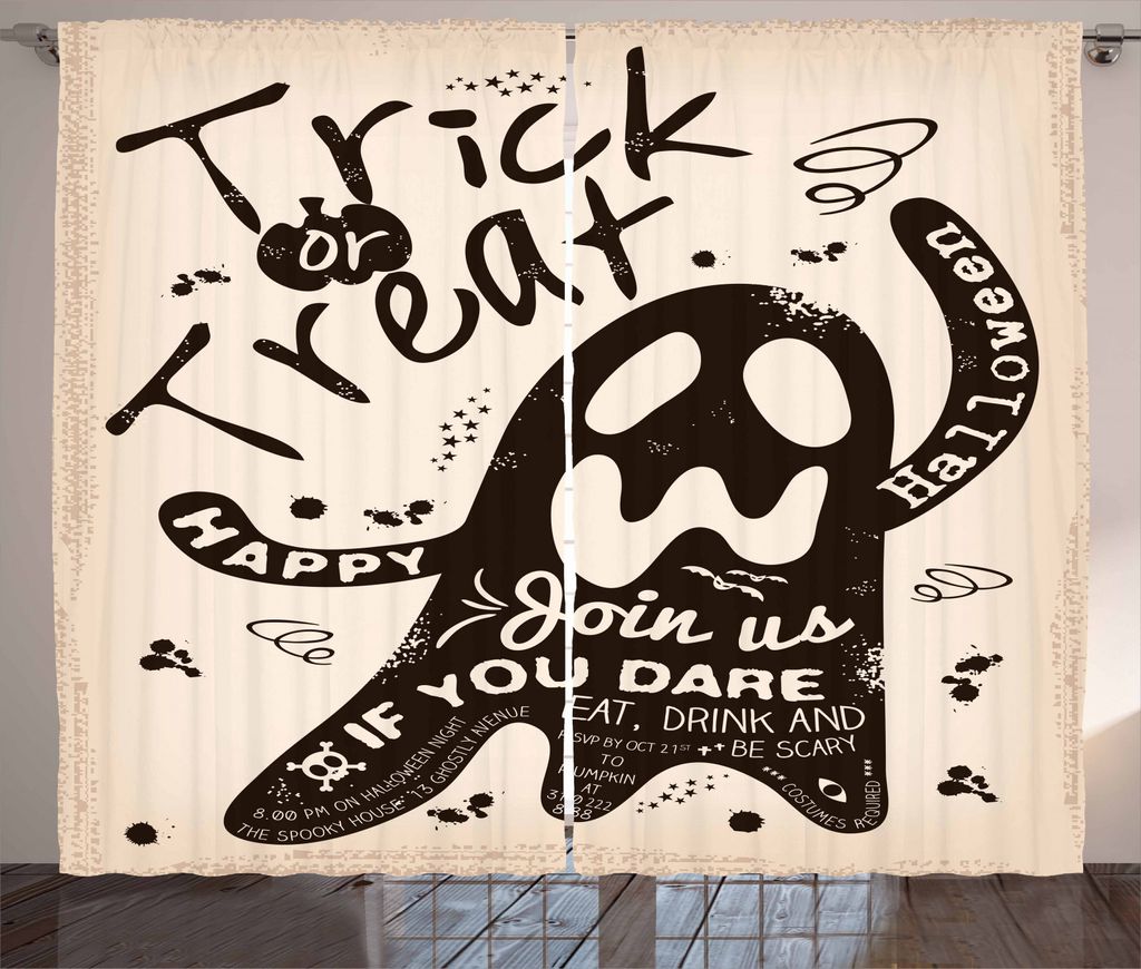 ABAKUHAUS Geist Rustikaler Gardine, Halloween Trick Treat Grunge, Schlafzimmer Kräuselband Vorhang mit Schlaufen und Haken, 280 x 245 cm, Dunkelbr...