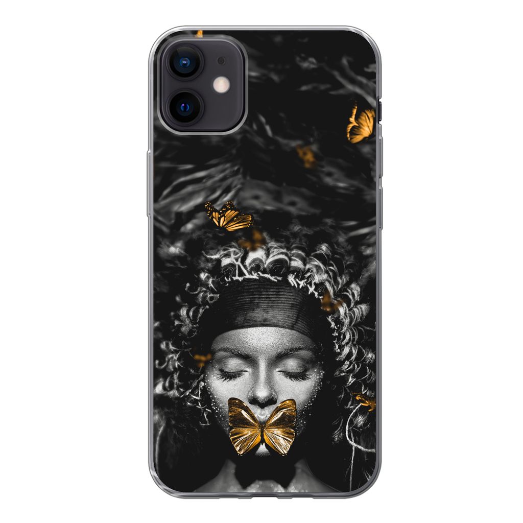MuchoWow Handyhülle Schutzhülle Hülle für iPhone 12 mini Frau - Schmetterlinge - Schwarz - Weiß Silikon Softcase Handy Hülle - Bild