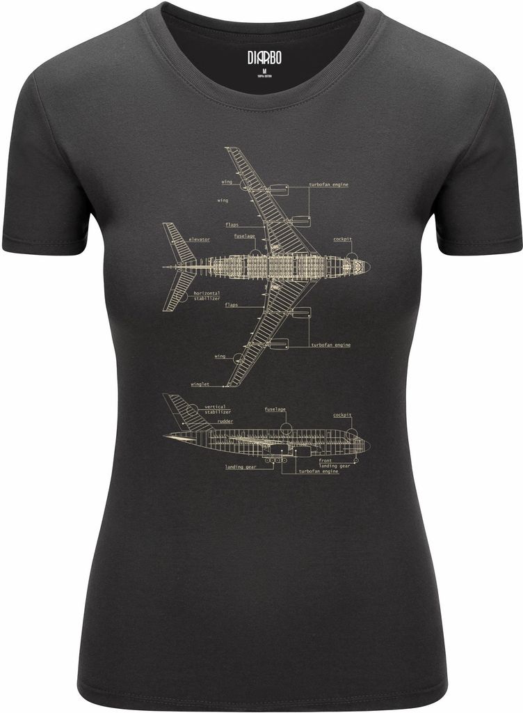 Diarbo Damen T-Shirt mit Blaupausen Druck Flugzeuglegende Dunkelgrau Gr.L