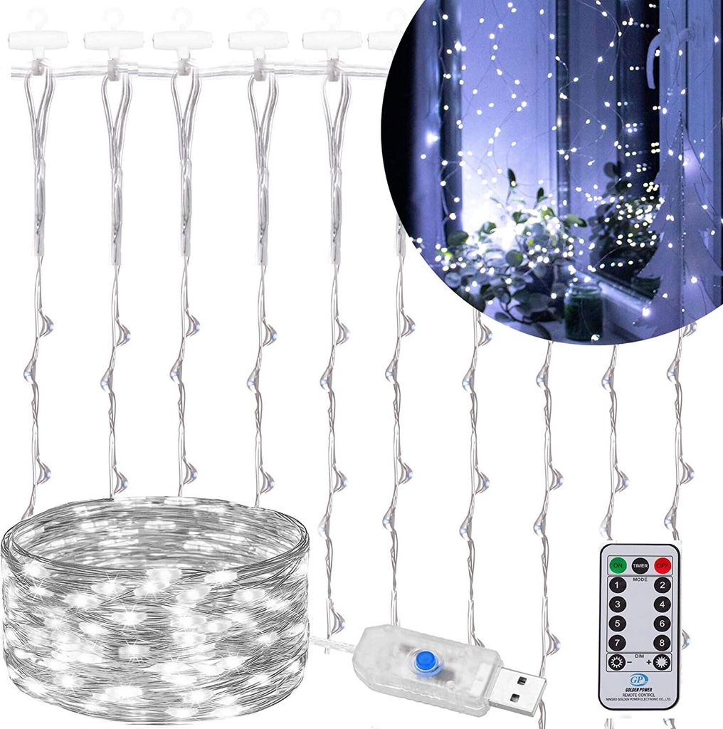 SPRINGOS Lichterkette Lichtervorhang 2 x 2 m Weihnachtsbeleuchtung LED Deko Innen 200 LEDs Fernbedienung 8 Leuchtmodi USB Kaltweiß