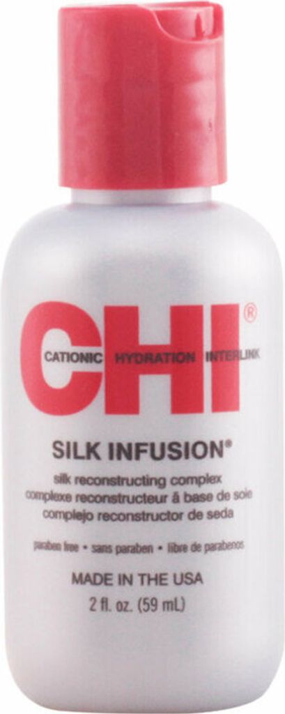 A close-up studio shot of a CHI Silk Infusion bottle.