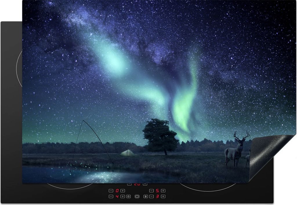 KitchenYeah Herdabdeckplatte Nordlichter - Sternenhimmel - Nacht - Hirsche , 76x51cm, Küche Deko, Glaskeramikfeld Herdabdeckung, Abdeckplatte f...