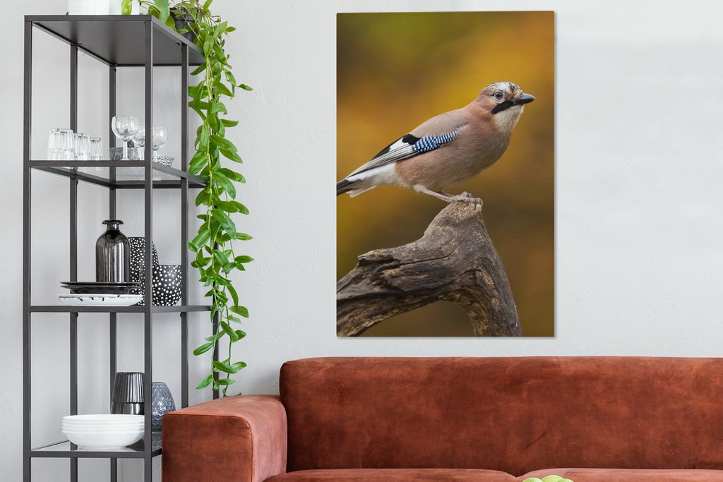 MuchoWow - Leinwandbilder - Vogel - Zweig - Eichelhäher, Wandbild, Wanddeko Bilder Wohnzimmer, 80x120 cm