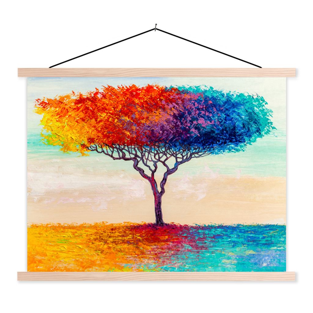 MuchoWow Textilposter Gemälde - Ölfarbe - Baum - Regenbogen 40x30 cm mit holzfarbenen Rahmen - Bilder