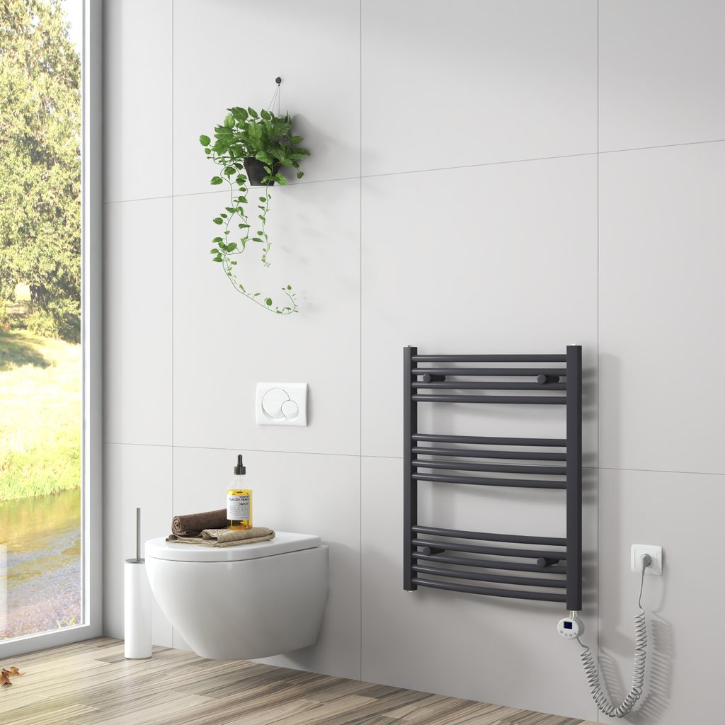 EMKE Badheizkörper Elektrisch Handtuchtrockner Inklusive Heizstab 75x60cm Anthrazit Gebogen Design Heizkörper für Bad