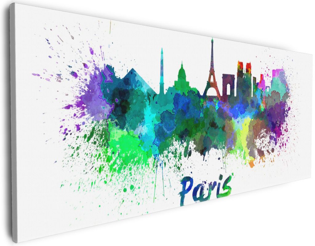 Wallario Premium Leinwandbild Städte als Aquarell - Skyline von Paris in Größe 50 x 125 cm