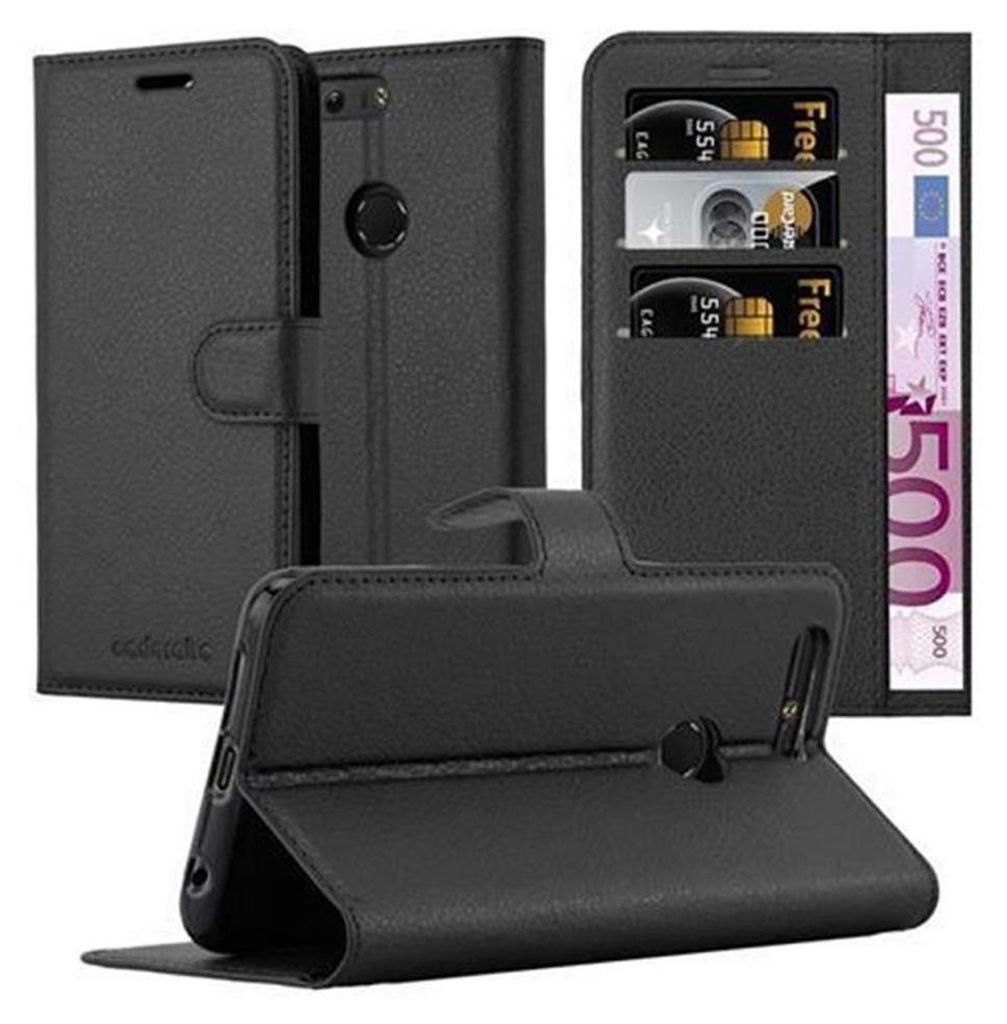 A black leather phone case with card slots and a stand function, shown in multiple configurations.